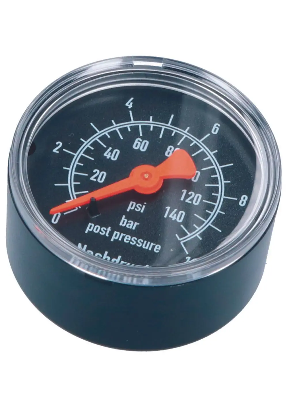 Manometer von Judo zur Druckmessung, angezeigt in psi und bar, mit einem roten Zeiger auf einem schwarzen Ziffernblatt.